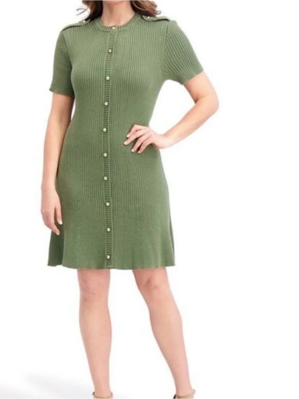 French Connection Olive Ribbed Short-Sleeve Button-Front Dress